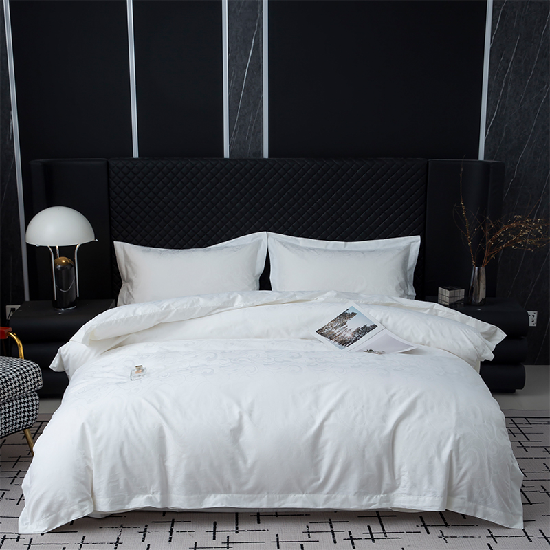 Nouveau Jacquard 100% coton satiné blanc hôtel linge chambre ensemble de draps Nouveau Jacquard 100% coton satiné blanc hôtel linge chambre ensemble de draps